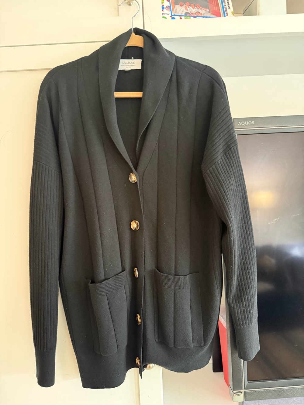 La Ligne Black Shawl-Collar Button Cardigan Jacket